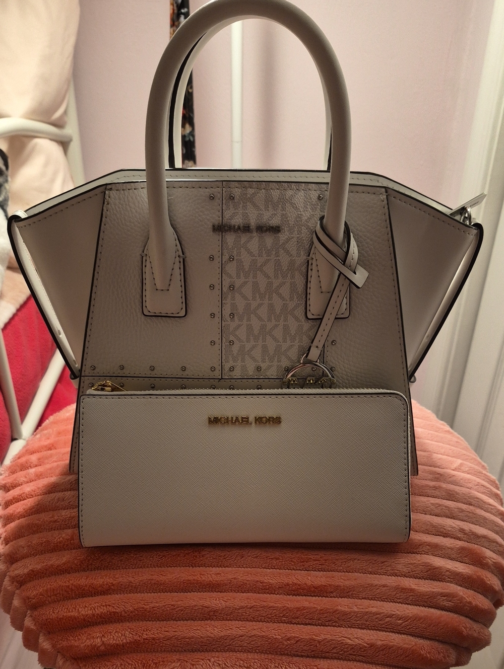 Michael Kors White/ Gray Satchel with Signature MK Panel And White Wallet